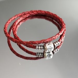 Pandora Red Leather Double Wrap Rope Woven Bracelet